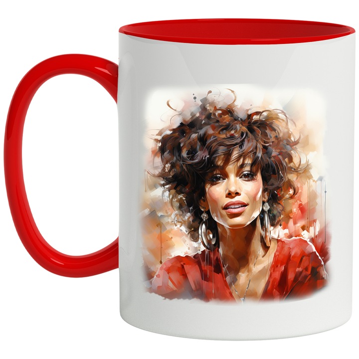 Cana Cu Whitney Houston, Actrita, Cantareata, Vedeta, Multicolor 330 ml, Ceramica cu Maner Rosu