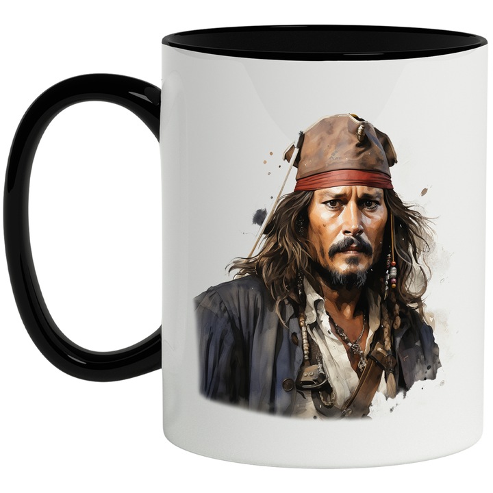 Bögre Jack Sparrow-val, Karib-tenger kalózai, kitalált karakter, többszínű 330 ml, kerámia fekete fogantyúval