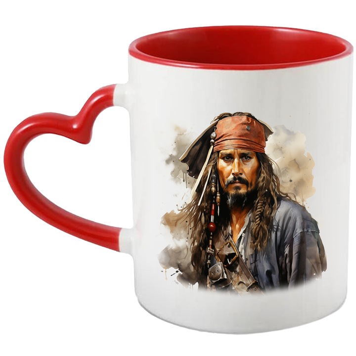 Bögre Jack Sparrow-val, Kapitány, A Karib-tenger kalózai, többszínű 330 ml, kerámia, piros szív fogantyúval