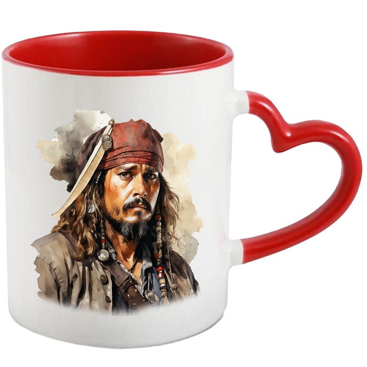 Bögre Jack Sparrow-val, Karib-tenger kalózai, Johnny Depp, többszínű 330 ml, kerámia piros szív fogantyúval