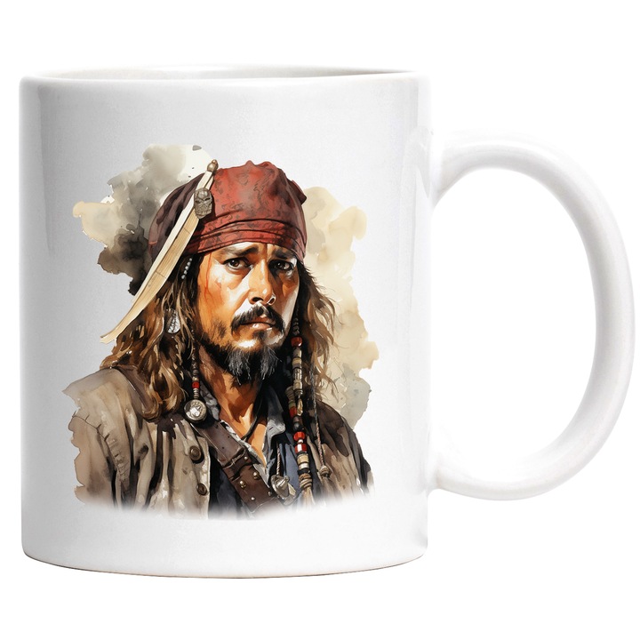 Bögre Jack Sparrow-val, Karib-tenger kalózai, Johnny Depp, többszínű 330 ml, kerámia fehér fogantyúval