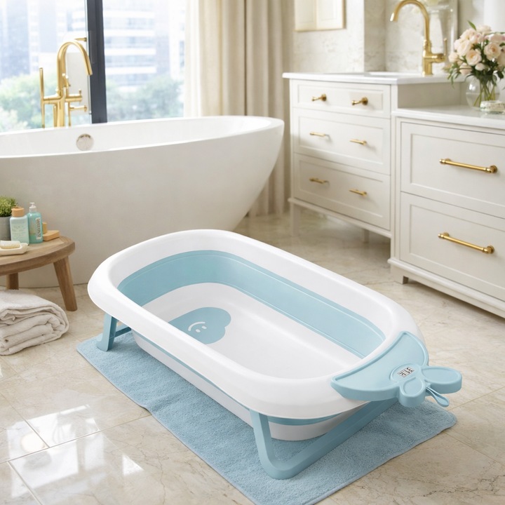 Cadita cu Termometru LCD pentru Bebelusi SuperBath idealSTORE, Pliabila, Dop cu Senzor de Temperatura, Picioare Solide, Finisaj Antiderapant, Design Ergonomic, Sarcina Maxima 45 kg, Blue