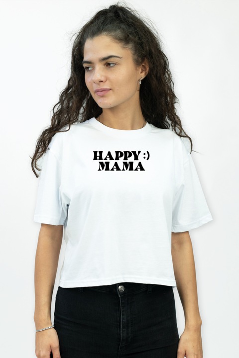 Tricou cropped pentru femei personalizat cu imagine happy smile mama, Bumbac, Alb, XL