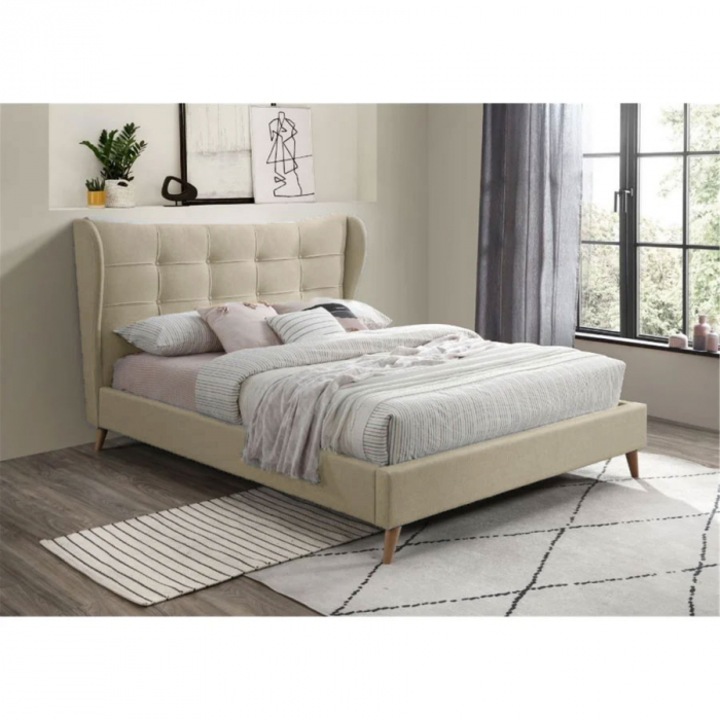 Pat Almera 180x200 cm Tapitat Catifea Bej Somiera Inclusa