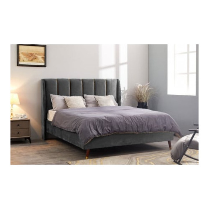 Belmonde Ágy, 160x200 cm, Kárpitozott Szürke Bársony Ágykeret, Ágyráccsal