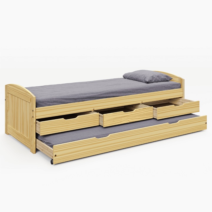 Pat extensibil, culoare natural pin, din lemn masiv, 205x98x63 cm, Bortis