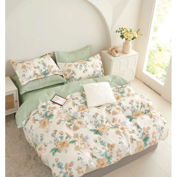 Lenjerie pat dublu 2 fete, Imprimeu Pictura Florala, 6 piese, 2 persoane, 180x200cm, Finet Satinat, Multicolor