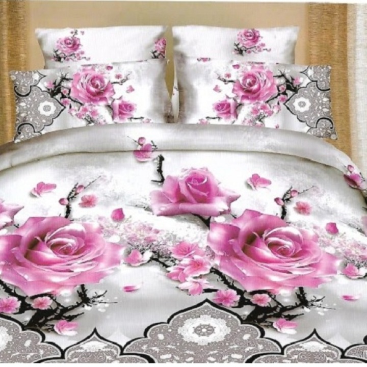 Двойно спално бельо, Розови рози 3D, 4 части, 2 лица, 220x240см, Сатениран памук, Многоцветен