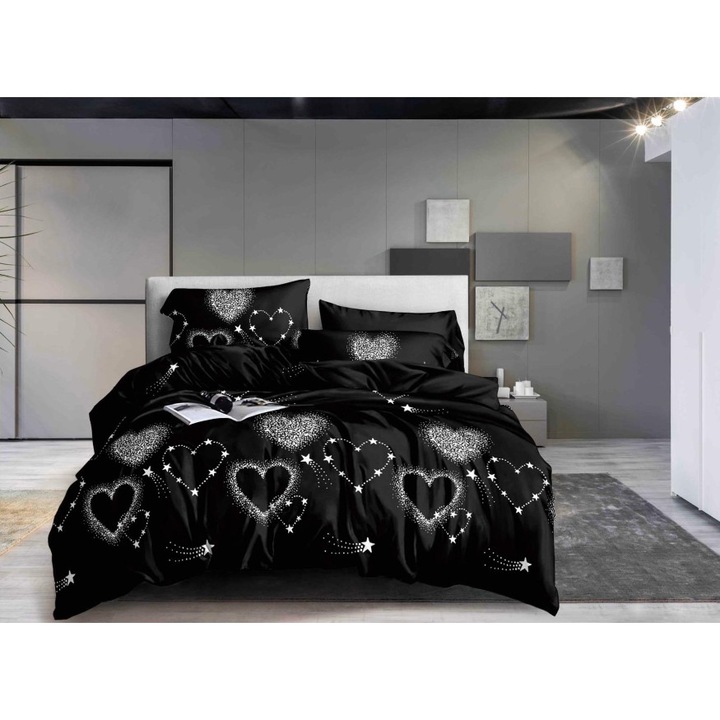 Двойно спално бельо, 3D сърца, 4 части, 2 лица, 220x240 см, сатениран памук, черно и бяло