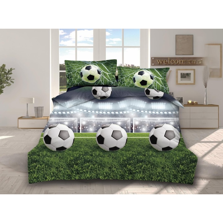 Lenjerie pat dublu, Teren de Fotbal 3D, 4 piese, 2 persoane, 220x240cm, Bumbac Satinat, Multicolor