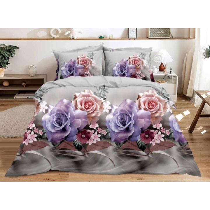 Двойно спално бельо, 3D Рози, 4 части, 2 лица, 220x240см, Сатениран памук, Многоцветен
