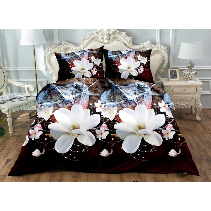 Двойно спално бельо, 3D бели цветя, 4 части, 2 лица, 220x240 см, сатениран памук, многоцветен