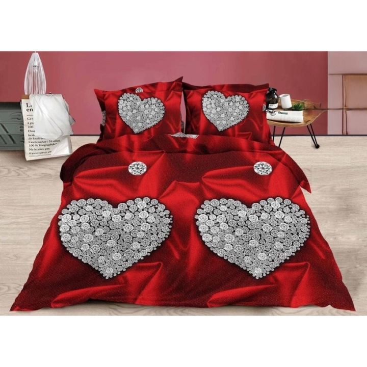 Двойно спално бельо, 3D Светещи сърца, 4 части, 2 лица, 220x240см, Сатениран памук, Многоцветен