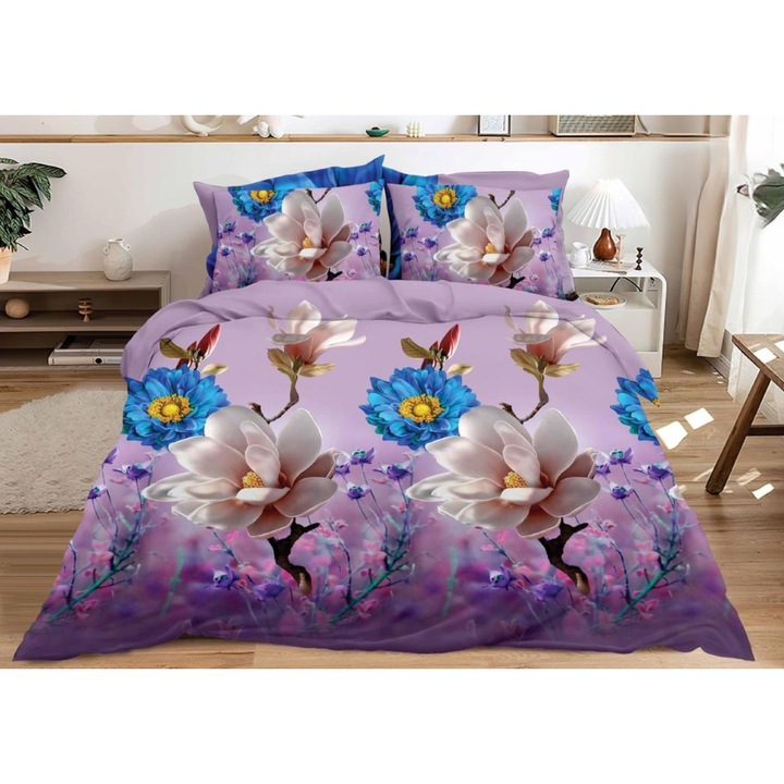 Двойно спално бельо, Многоцветни цветя 3D принт, 4 части, 2 лица, 220x240см, Сатениран памук