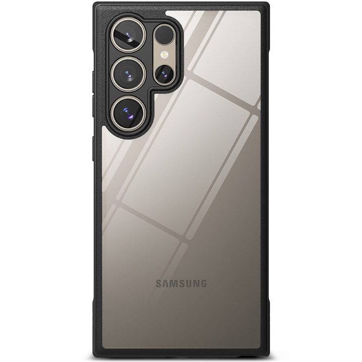 Husa de protectie compatibila cu Samsung Galaxy S24 Ultra, SafePanel Edge, Spate tare din policarbonat, Bumper anti-aderent, Margini ridicate, Transparent/Negru