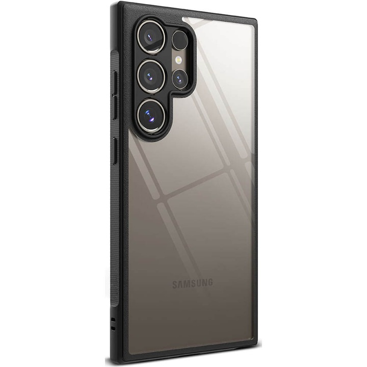 Кейс, съвместим със Samsung Galaxy S24 Ultra, SafePanel Edge, поликарбонатен твърд гръб, незалепваща броня, повдигнати ръбове, прозрачен/черен