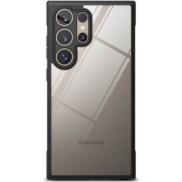 Кейс, съвместим със Samsung Galaxy S24 Ultra, SafePanel Edge, поликарбонатен твърд гръб, незалепваща броня, повдигнати ръбове, прозрачен/черен