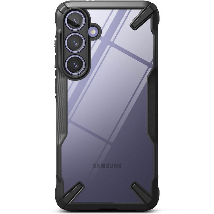 Защитен калъф, съвместим със Samsung Galaxy S24, SafePanel AntiShock, Поликарбонатен твърд гръб, Анти-залепваща броня, Подсилени анти-шок ъгли, Повишена устойчивост на удар, Защита на камерата, Прозрачен/черен