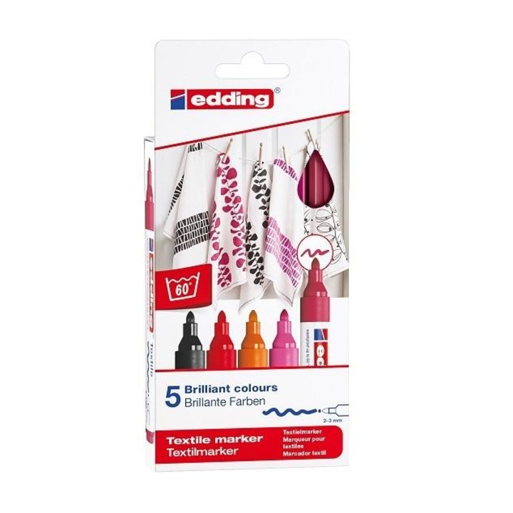 Маркери за текстил, EDDING, 5 цвята, Многоцветен