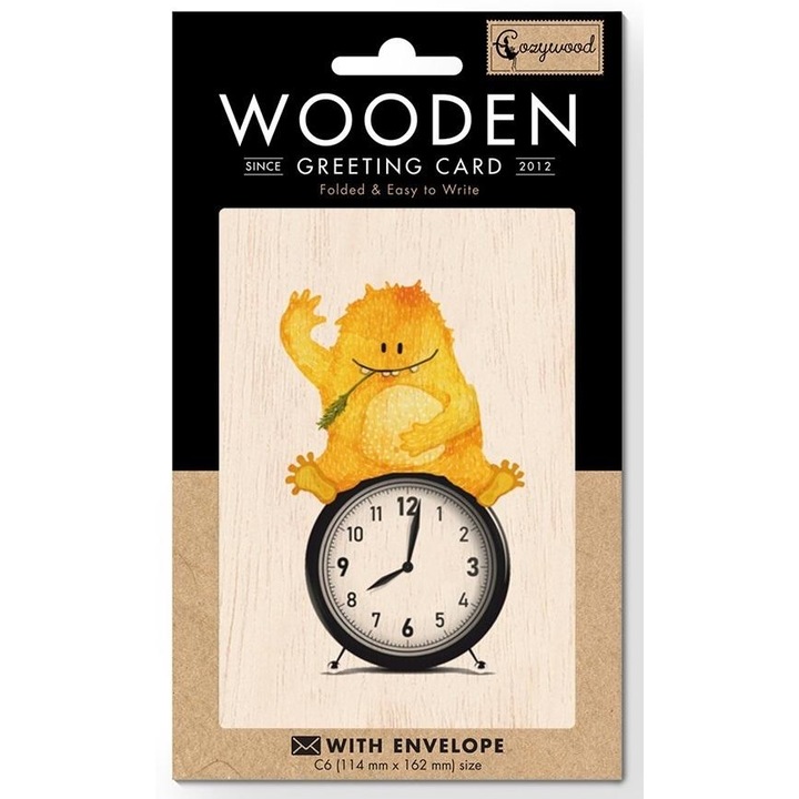 Felicitare din lemn, Cozywood, Model ursulet de plus pe ceas