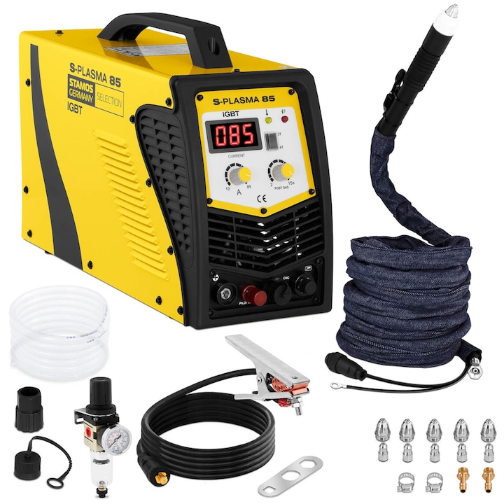 Aparat de taiat cu plasma Stamos Germany, S-PLASMA 85CNC, 85A, 5.5 bar, Afisaj LED, Galben/Negru