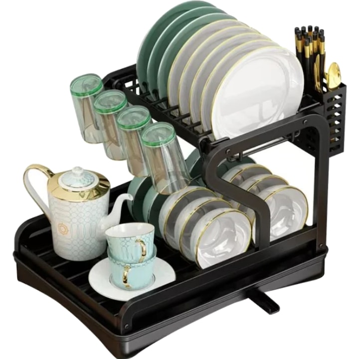 Scurgator de Vase cu Sistem de Scurgere, Suport Tacamuri si Pahare, Bukate®, Negru, 2 niveluri, 42 x 30 x 31.5 cm