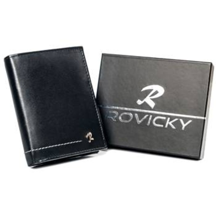 Вертикален мъжки портфейл, Rovicky, Кожа, Черен