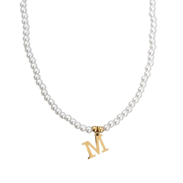Colier auriu, cu perlute si pandantiv cu litera M C2