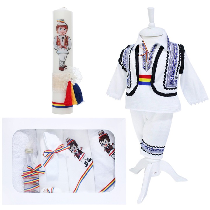 Set trusou complet pentru botez de baieti, model traditional, 13 piese, costum popular alb-albastru, lumanare cu taranus, trusou brodat cu taranus, Recostore®, REC2493, 6-9 luni