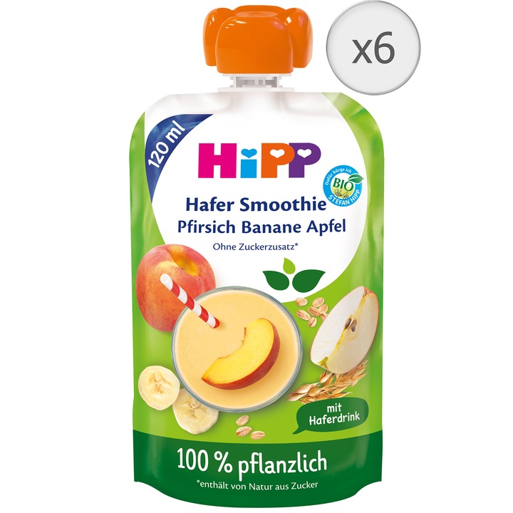 Pachet 6 x Piure Hipp cu piersici, mere, banane cu ovaz, 120g