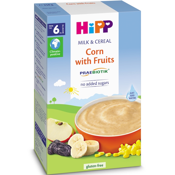 Cereale Hipp cu porumb si fructe, 250g, de la 6 luni