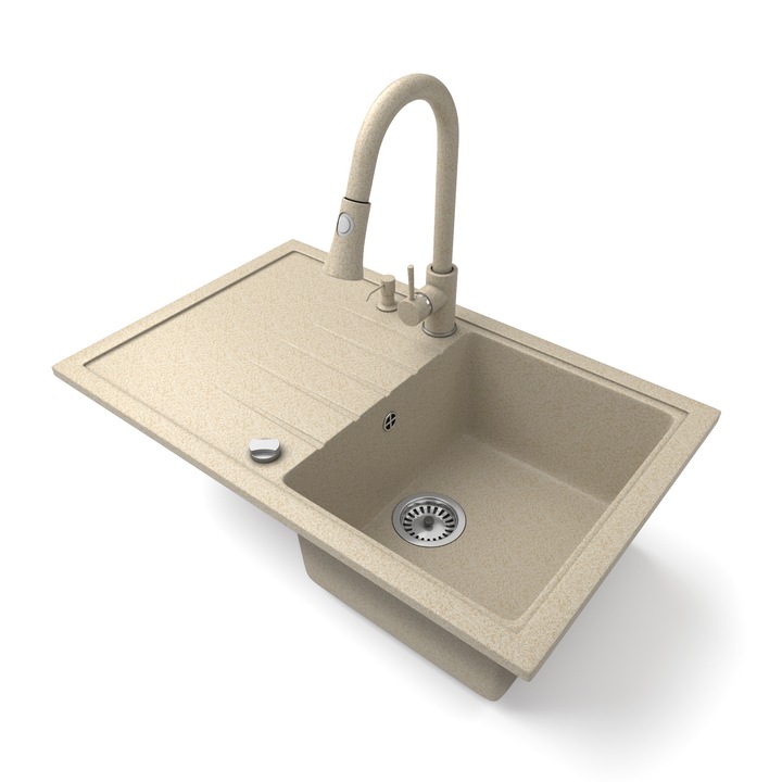 Nero Eris, Gránit mosogató szett, Kihúzható zuhanyfejes Snake csapteleppel, adagolóval és dugókiemelős szifonnal, Bézs