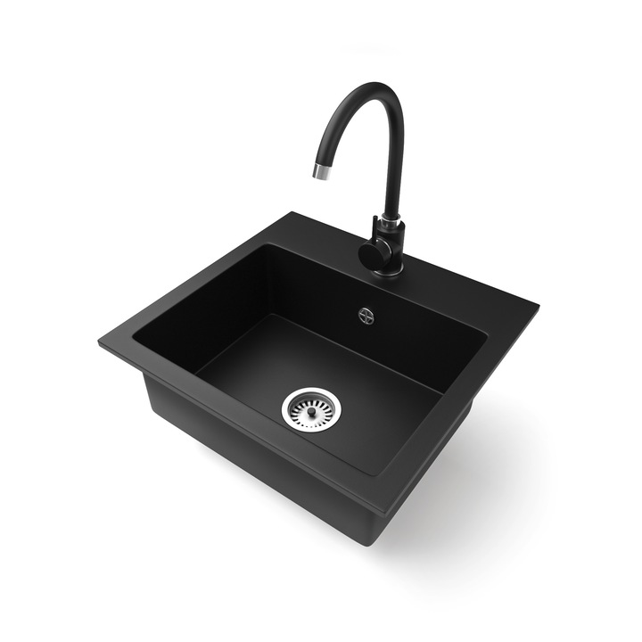 Nero Uno, Gránit mosogató szett, Magasított csapteleppel és szifonnal, Matt fekete