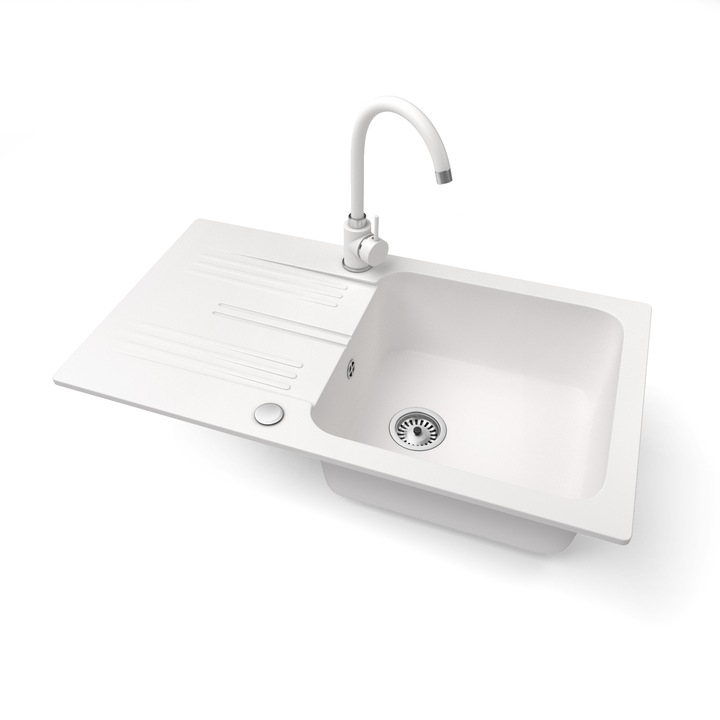 Nero Malta, Gránit mosogató szett, Magasított csapteleppel és szifonnal, Fehér