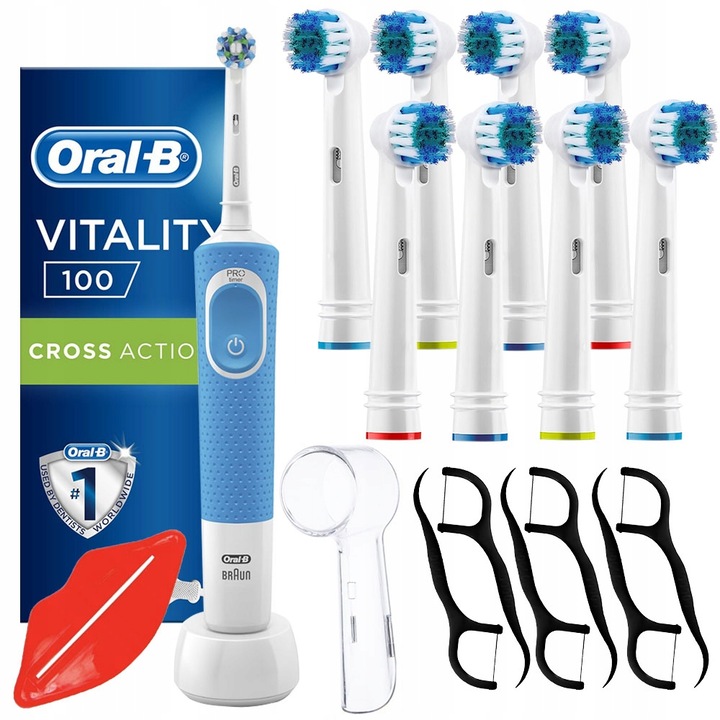 Oral-B Vitality 100 Blue elektromos fogkefe, 8 db csere elektromos fogkefehegy, védőborítás, kék