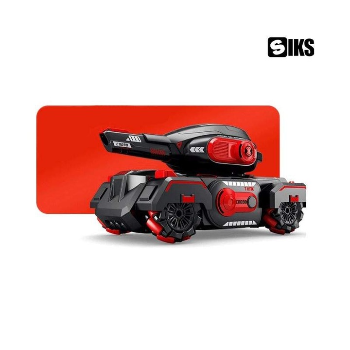 Tanc De Jucarie SIKS Cu Telecomanda, Bratara De Control, Bile Din Hidrogel Expandabile In Apa, Trage Cu Proiectile Din Apa, Rotatie 360°, Off-Road, Lumini Si Sunete Interactive, Negru cu Rosu