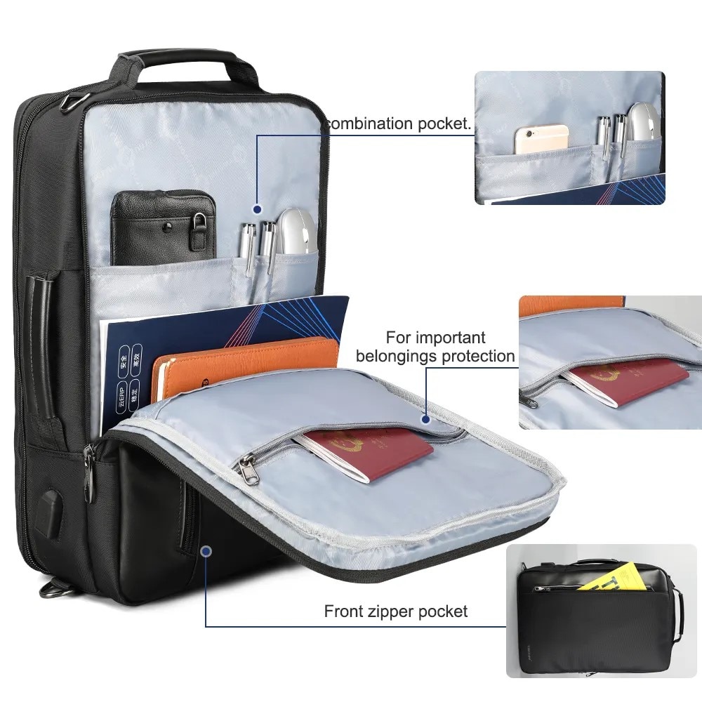 Rucsac laptop 15.6" smart business, convertibil, cu port de incarcare USB, Tigernu, 29x13x43 cm, Negru