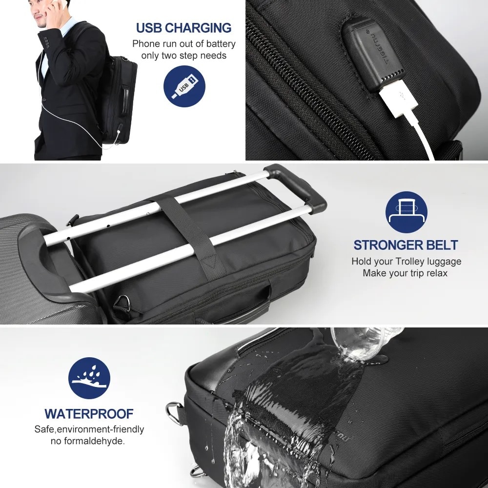 Rucsac laptop 15.6" smart business, convertibil, cu port de incarcare USB, Tigernu, 29x13x43 cm, Negru