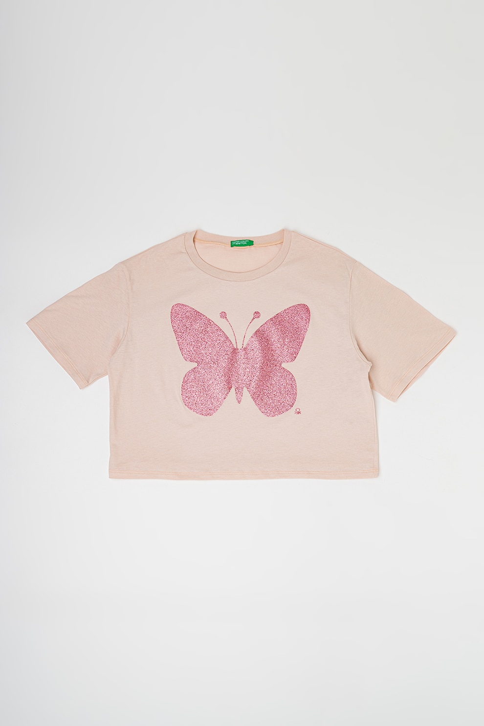 United Colors of Benetton, Tricou cu decolteu la baza gatului si imprimeu stralucitor, Roz aprins, Piersica, 160 CM