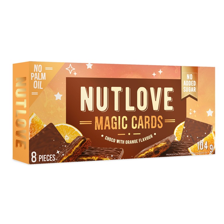 Biscuiti ALLNUTRITION NUTLOVE MAGIC CARDS Choco With Orange, 104g, fara zahar, cu crema, ciocolata cu lapte, crema de portocale