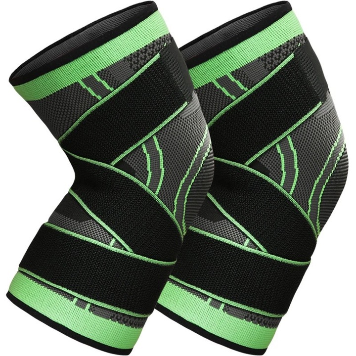 Set 2 genunchiere elastice cu bretele ajustabile, ideale pentru dureri articulare, recuperare, toate tipurile de sport, Negru/Verde, Marimea XL