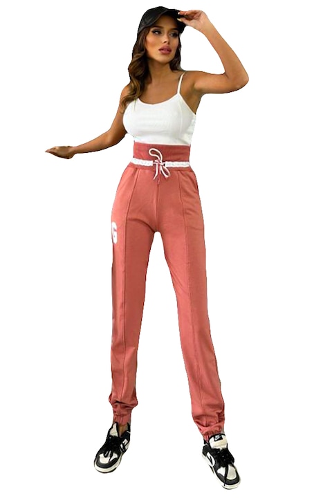 Pantaloni sport Frank, cu snur stilizat, logo si talie elastica oversize, Roz prafuit