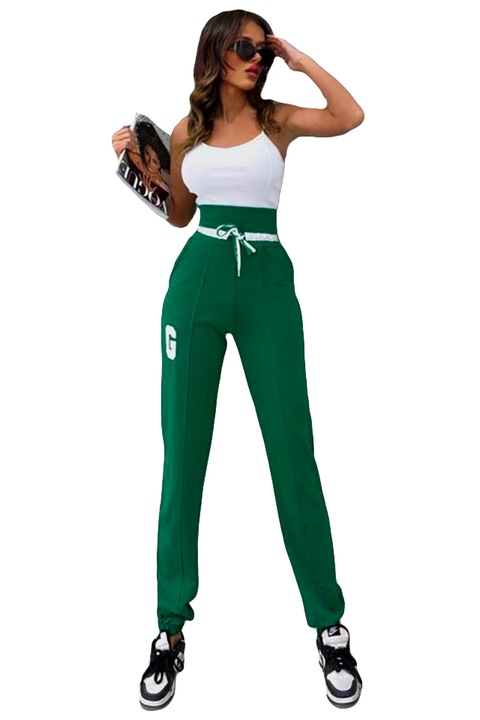 Спортен панталон, лого и голям ластик на талията, Зелен