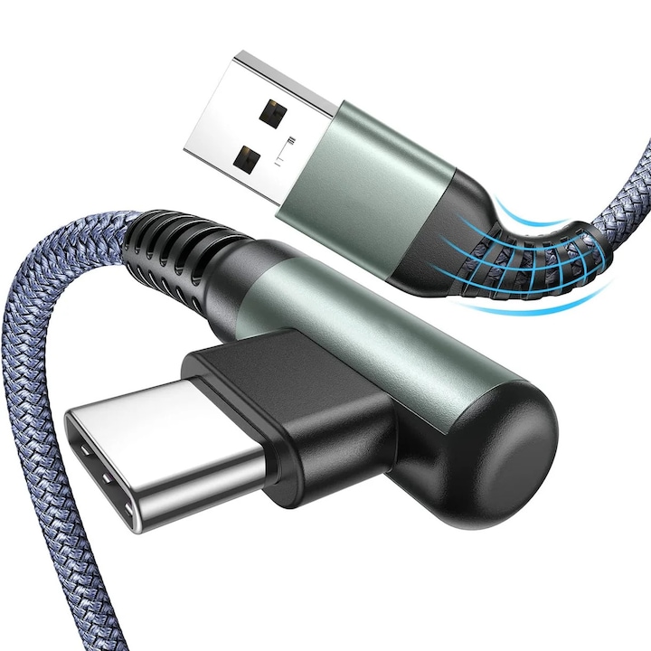 Кабел за данни и бързо зареждане Timebox, 2 м, QC 3.0, USB към Type-C, 90° ъгъл, найлон, съвместим с iPhone, Samsung, Huawei