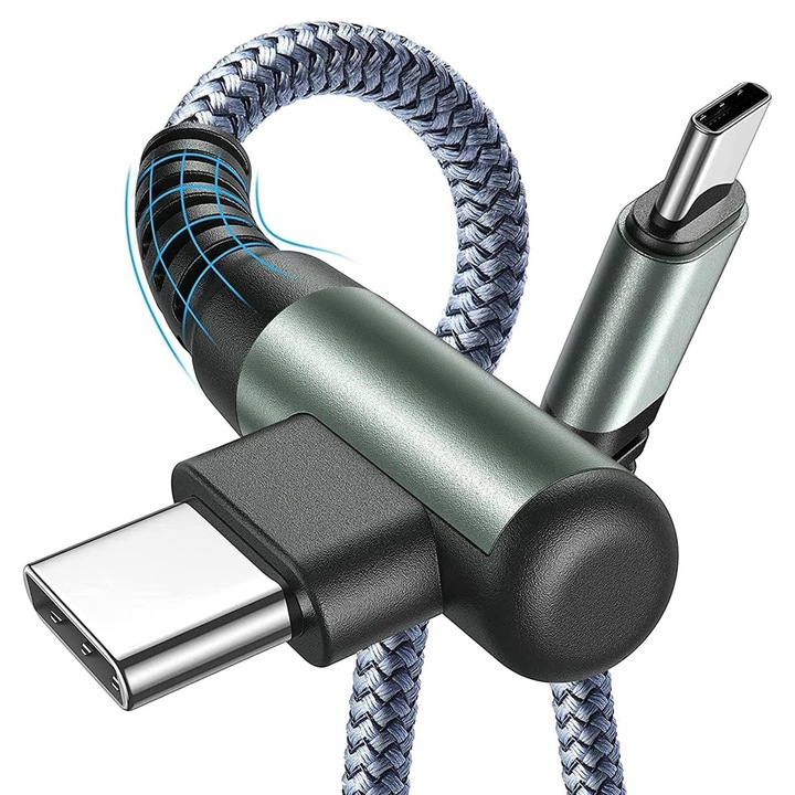 Cablu Fast Charge 60W Timebox, 3 m, USB-C Type-C Unghi 90°, Cablu Nylon Premium, Transfer Rapid Date, Incarcare Telefon, Tableta, Laptop, Android, iOS, Cablu Rezistent, Compatibil Universal, Gri, Compact si Flexibil