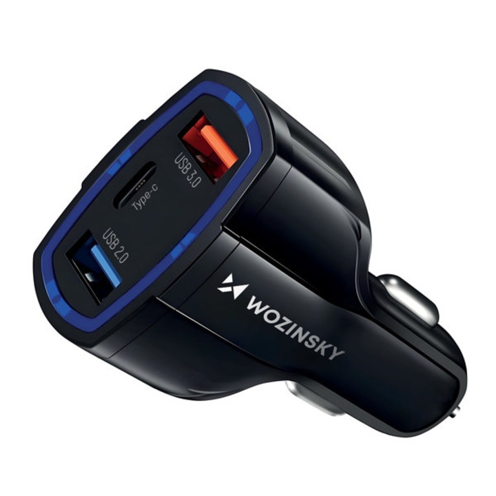 Autós töltő 2xUSB / 1xUSB-C Wozinsky WCC-01 fekete