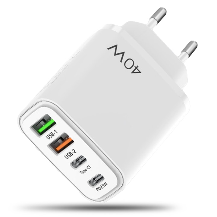 Мрежово зарядно устройство Timebox, 4 порта, 40 W бързо зареждане, 2 x Type-C, 2 x USB, компактно, съвместимо с iPhone, Huawei, Samsung, бяло