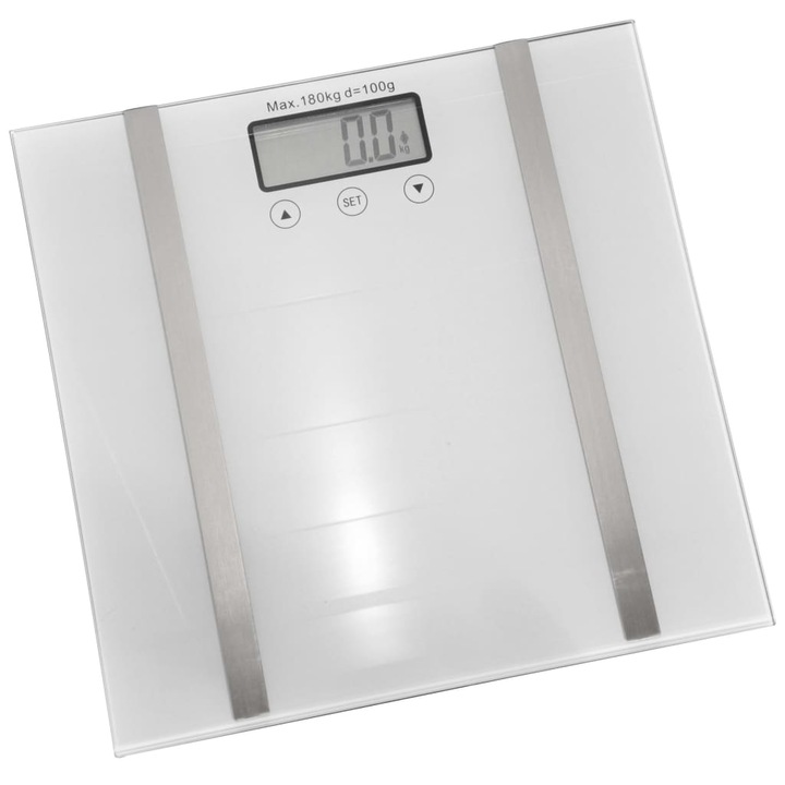 Body Analysis fürdőszobai mérleg, Haushalt, súly 180 kg, LCD, üveg, 10 memória, szenzor, BMI méri a zsír- és víztartalmat a szervezetben