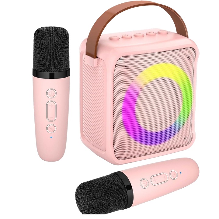 Микрофон за караоке с преносим високоговорител, Bluetooth 5.0, Wireless, 4 гласови ефекта, 2 микрофона в комплекта, LED светлина, MP3 Player, MicroSD слот за карта, AUX, USB, за деца и възрастни, розов