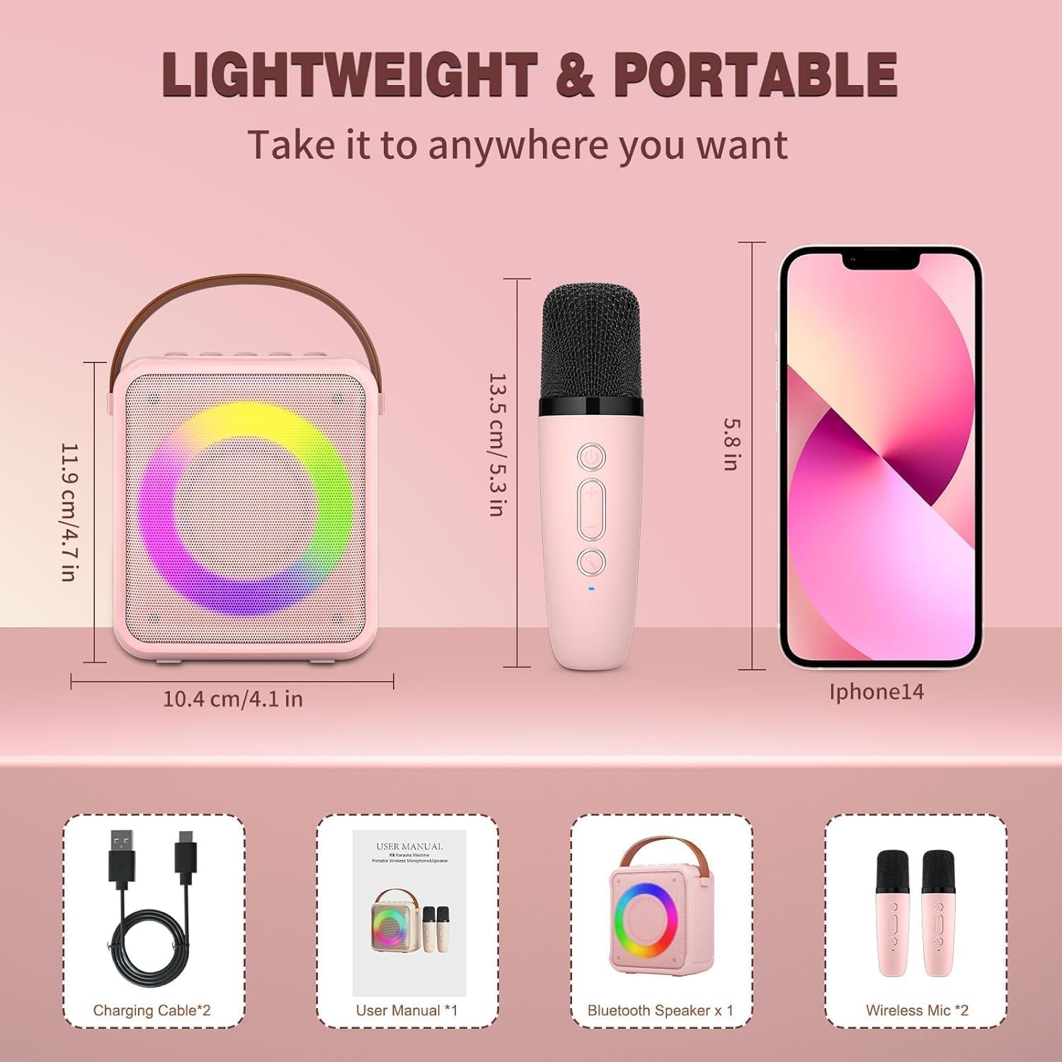 Микрофон за караоке с преносим високоговорител, Bluetooth 5.0, Wireless ...